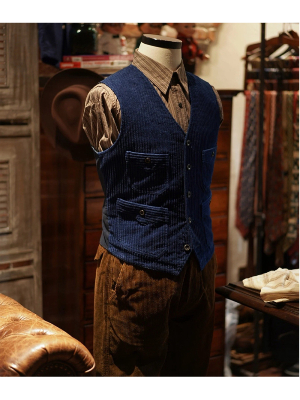 Annual Ring 1920s Indigo Corduroy Work Vest Navy Color Size L - Picture 3 of 14